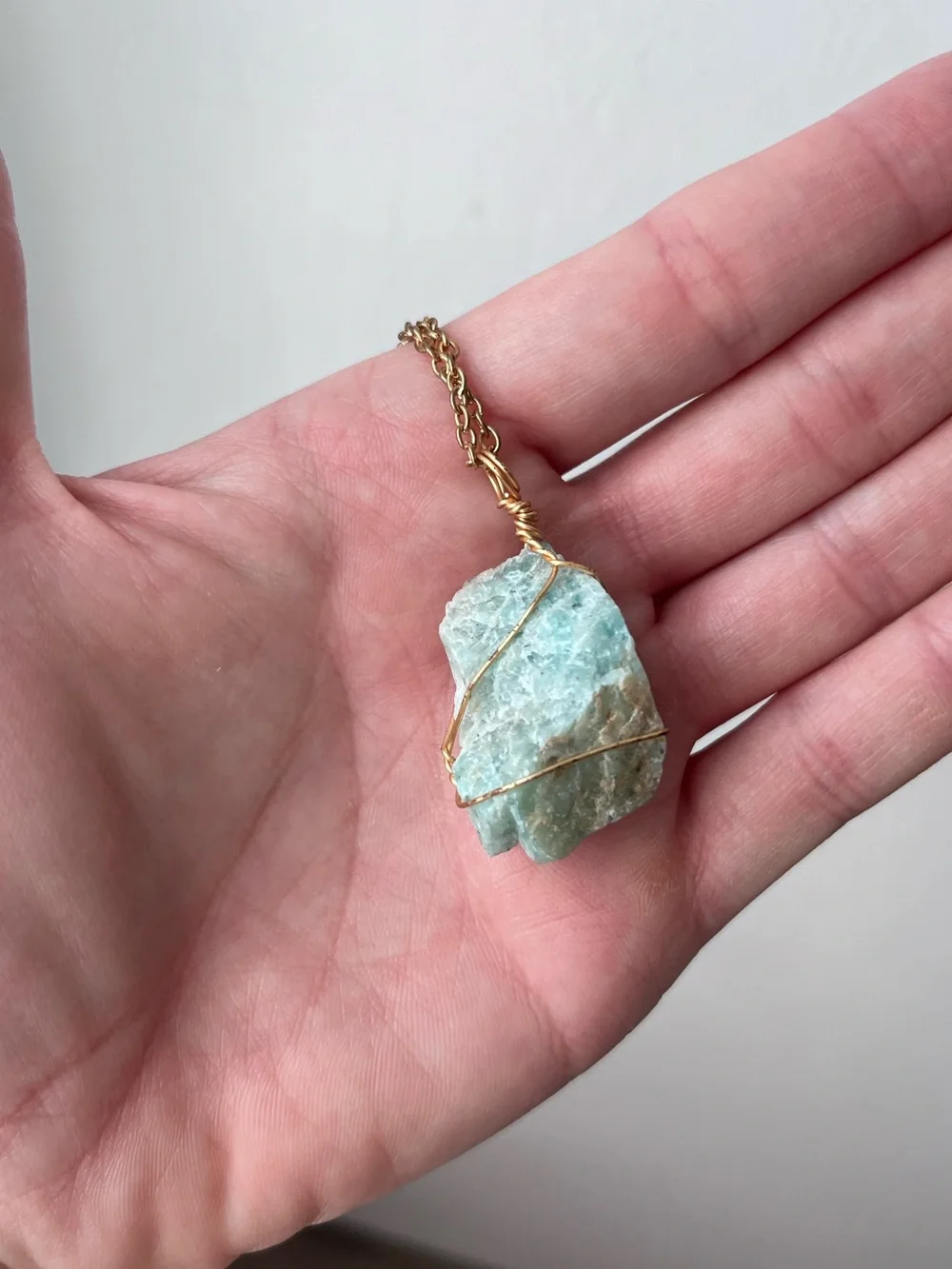 AMAZONITE raw cute natural wire wrapped stone pendant necklace on gold chain NEW